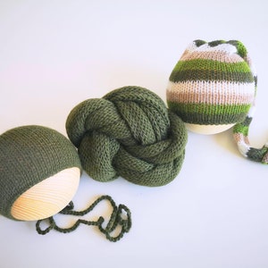 Newborn photography prop Alpaca knit wrap Long size knit newborn wrap Knit ties bonnet 51 colours Knit wrap bonnet set photo prop Green wrap