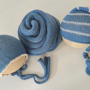 Newborn photography prop Alpaca knit wrap Long size knit newborn wrap Knit ties bonnet 51 colours Knit wrap bonnet set photo props Blue wrap