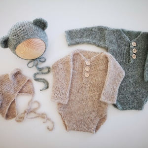Newborn knit romper Boys photography prop Brushed alpaca knit romper Bear bonnet Slouchy hat Newborn knit bodysuit Knit baby body 29 colours