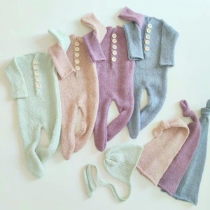 Newborn footless romper Newborn photography prop Knit footed romper Newborn boy outfit sleeper Classic knit bonnet sleepy cap 54 colours