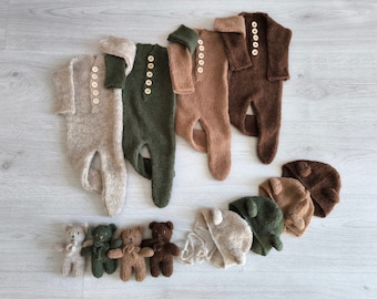 Newborn Alpaca Knit Romper with Bear Bonnet: Baby Photo Prop