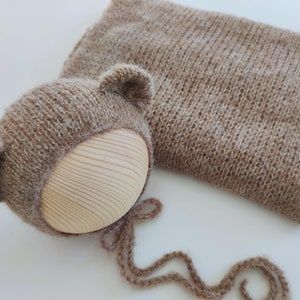 Knit newborn wrap Newborn photography prop Brushed alpaca knit wrap Baby bear hat Newborn bear bonnet Newborn boy photo props 36 colours