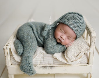 Neugeborenen Strampler mit Füßen Neugeborenen Fotografie Requisite Alpaka Strick Romper Neugeborene Jungen Outfit Schläfer Strickkrawatten Mütze 51 Farben zur Auswahl