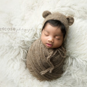 Knit newborn wrap Newborn photography prop Brushed alpaca knit wrap Baby bear hat Newborn bear bonnet Newborn boy photo props 36 colours