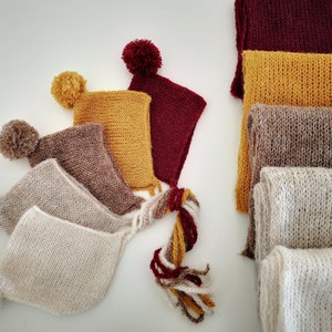 Newborn photography prop Brushed alpaca knit wrap Pom bonnet 36 colours Mustard knit wrap bonnet set Dark red Brown beige white photo props