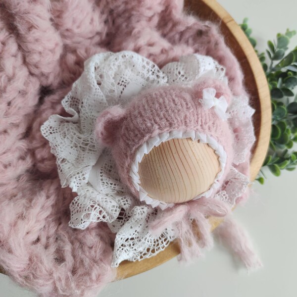 Newborn blanket Newborn photography prop Fluffy layer basket filler Blanket and Bear bonnet SET Cloud layer Lace edge bear hat 17 colours