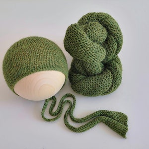 Newborn photography prop Long size knit wrap Knit newborn wrap set Knit ties bonnet 51 colours Knit wrap bonnet set photo props Green wrap