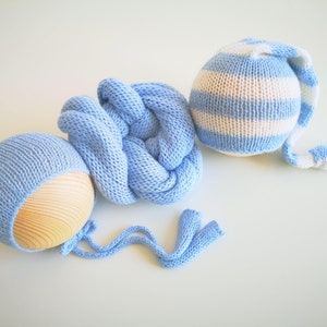 Newborn photography prop Alpaca knit wrap Long size knit newborn wrap Knit ties bonnet 51 colours Knit wrap bonnet set photo props Blue wrap