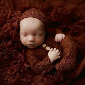 Newborn footed romper Newborn photography prop Alpaca knit romper Newborn boy outfit sleeper Knitted ties bonnet 51 colours to choose from