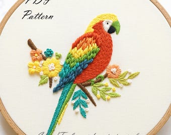 Macaw Bird Embroidery Pattern: Beginner Hand Stitch Project (PDF Pattern + Video Tutorial
