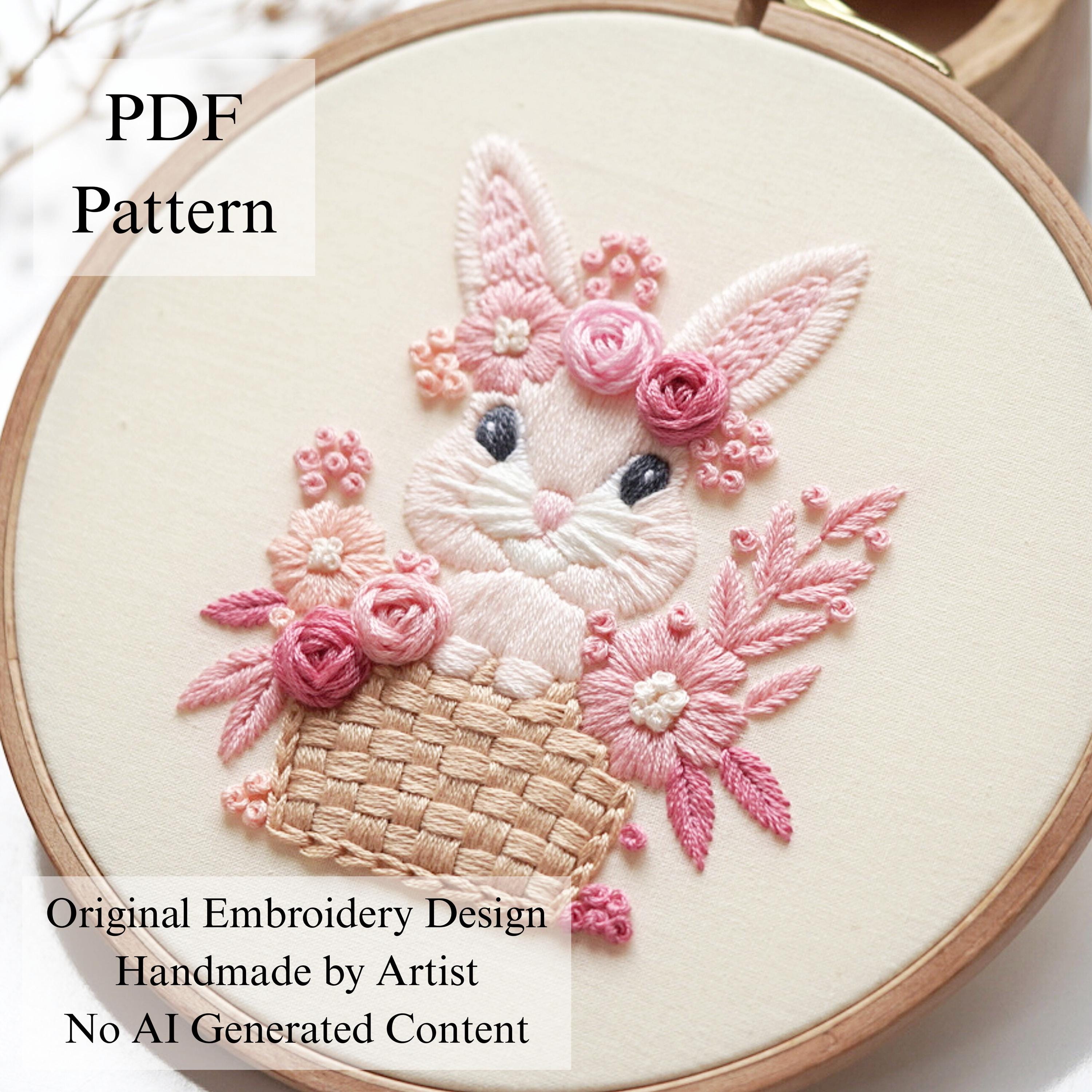 ピンクのうさぎの手刺繍パターン：初心者向け春のデザイン（PDF