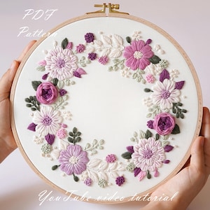 PDF pattern+ video tutorial/Purple wreath-Hand embroidery pattern-Embroidery pattern- Wedding Embroidery designs-Beginner embroidery pattern