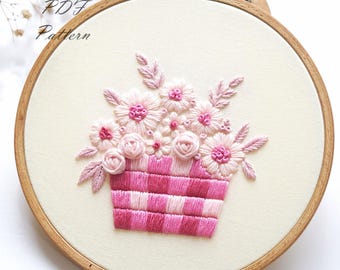 Floral Basket Embroidery Pattern: Beginner Hand Stitch Project (PDF Pattern + Video Tutorial)