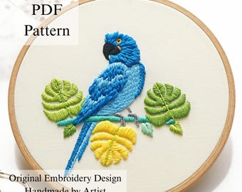 Hyacinth Macaw Hand Embroidery Pattern: Beginner Bird Design (PDF Pattern + Video Tutorial)