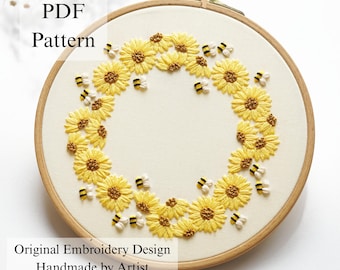 Sunflower Wreath Hand Embroidery Pattern: Beginner DIY Project (PDF Pattern + Video Tutorial)