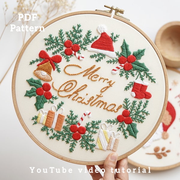 PDF pattern+ video tutorial/Merry Christmas-Hand embroidery pattern-Christmas Embroidery designs-Beginner embroidery pattern