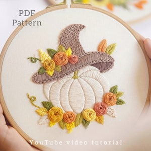 PDF pattern+ video tutorial/Pumpkin with a hat-Hand embroidery pattern-Autumn Embroidery designs-Beginner embroidery pattern