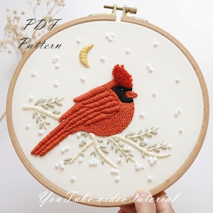 PDF pattern+ video tutorial/Red cardinal-Embroidery pattern-Embroidery designs-Beginner embroidery pattern