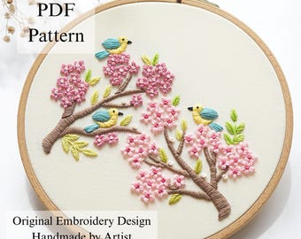 Birds & Cherry Blossoms Hand Embroidery Pattern: Beginner DIY (PDF Pattern + Video Tutorial)
