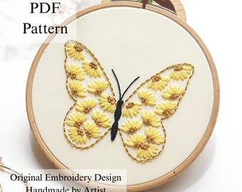 Yellow Butterfly Embroidery Pattern: Beginner Hand Stitch Project (PDF Pattern + Video Tutorial)