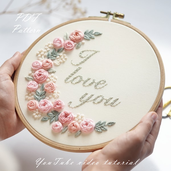 PDF pattern+ video tutorial/I love you-Rose-Hand embroidery pattern-Embroidery pattern-Wedding Embroidery designs-Beginner embroidery