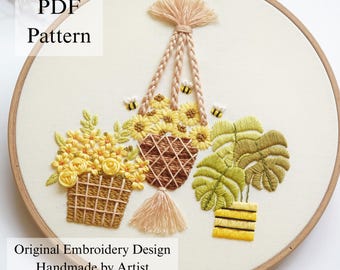 Flower Pot Garden Hand Embroidery Pattern: Beginner DIY (PDF Pattern + Video Tutorial)