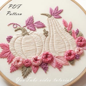 PDF pattern+ video tutorial/Pumpkins with pink flowers-Hand embroidery pattern-Autumn Embroidery designs-Beginner embroidery pattern