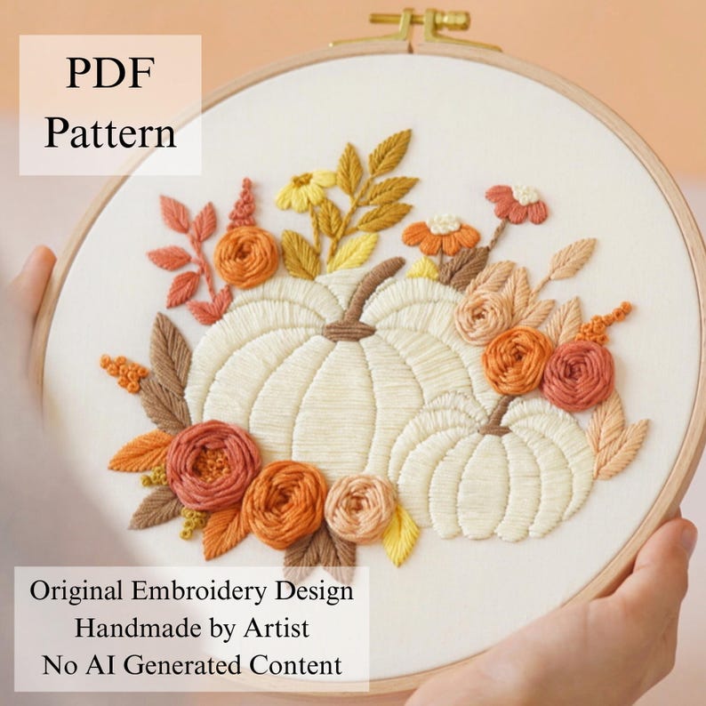 May include: An embroidery hoop containing a fabric piece with a stitched design of two white pumpkins surrounded by autumn-colored flowers and leaves in shades of orange, yellow, and brown. The text PDF Pattern is visible in the upper left corner.
