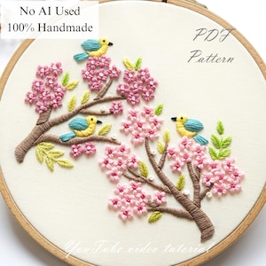 Birds & Cherry Blossoms Hand Embroidery Pattern: Beginner DIY (PDF Pattern + Video Tutorial) image 1