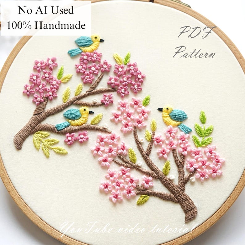 Birds & Cherry Blossoms Hand Embroidery Pattern: Beginner DIY (PDF Pattern + Video Tutorial) image 1