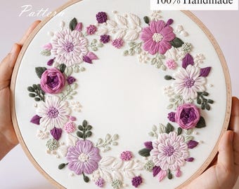 Purple Floral Wreath Embroidery Pattern: Beginner DIY (PDF Pattern + Video Tutorial)