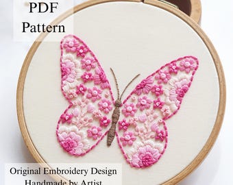 Butterfly Embroidery Pattern: Pink Floral Design, Beginner DIY (PDF Pattern + Video Tutorial)