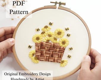 Sunflower Basket Embroidery Pattern: Beginner Hand Stitch Project (PDF Pattern + Video Tutorial)