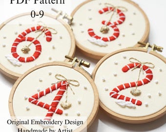 Christmas Candy Cane Numbers Hand Embroidery Pattern (PDF Pattern + Video Tutorial)