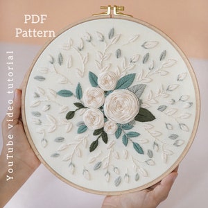 PDF pattern+ video tutorial/White roses-Hand embroidery pattern-Embroidery pattern-Wedding Embroidery designs-Beginner embroidery pattern