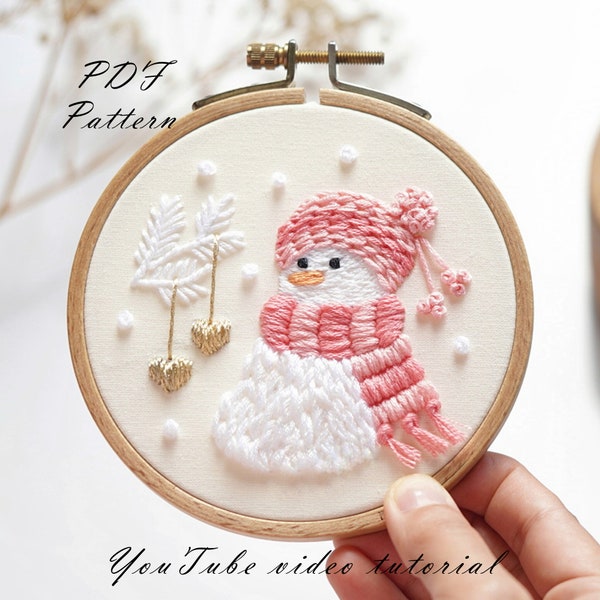 PDF pattern+ video tutorial/Snowgirl-Embroidery pattern-Christmas Embroidery designs-Beginner embroidery pattern