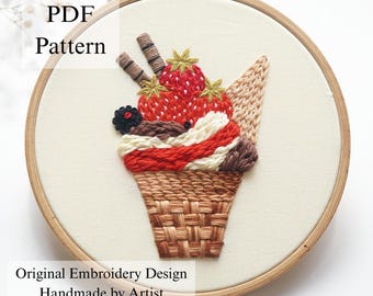 Strawberry Ice Cream Embroidery Pattern: Beginner Hand Stitch Project (PDF Pattern + Video Tutorial)
