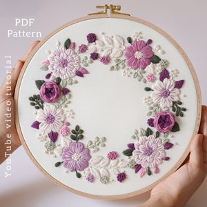 PDF pattern+ video tutorial/Purple wreath-Hand embroidery pattern-Embroidery pattern- Wedding Embroidery designs-Beginner embroidery pattern
