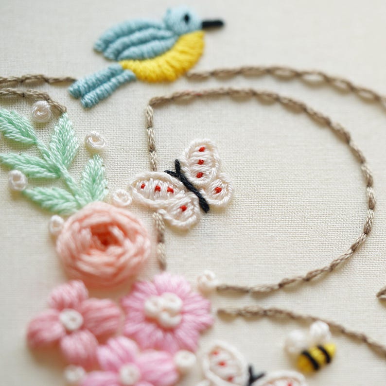 May include: Detailed embroidery showing a blue and yellow bird on a brown branch, a white butterfly with red spots, and pink flowers. The design also includes a small bee with yellow and black stripes, and green leaves.