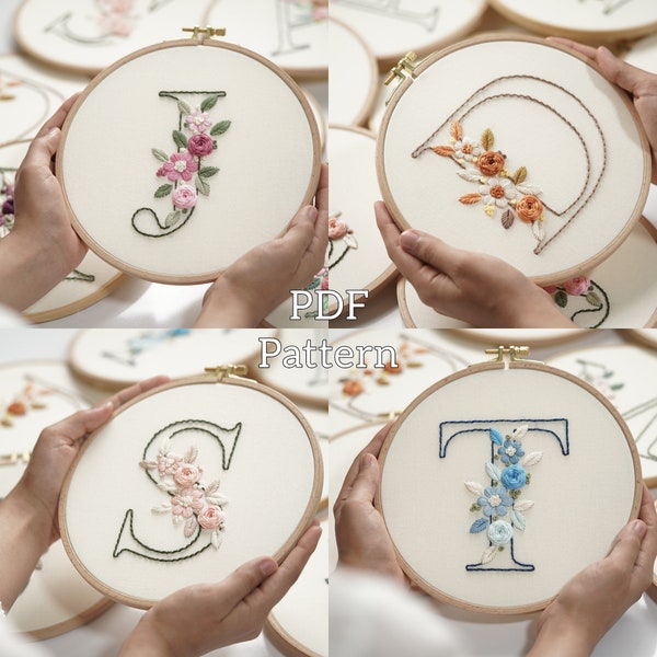 Patron PDF + tutoriel vidéo/Alphabet-Fleur-Motif de broderie main-Motifs de broderie de mariage-Motif de broderie pour débutant