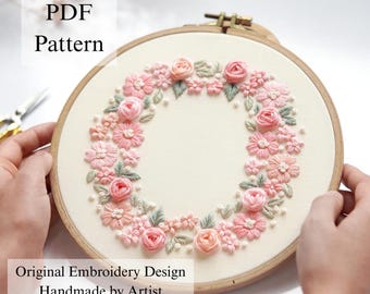 Soft Pink Wreath Hand Embroidery Pattern: Beginner DIY Project (PDF Pattern + Video Tutorial)