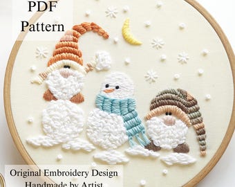 Gnomes and Snowman Embroidery Pattern: Christmas Design (PDF Pattern + Video Tutorial)