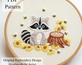 Raccoon in the Jungle Hand Embroidery Pattern: Beginner DIY Project (PDF Pattern + Video Tutorial)