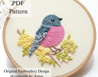 Pink Robin Hand Embroidery Pattern: Beginner DIY Floral Design (PDF Pattern + Video Tutorial