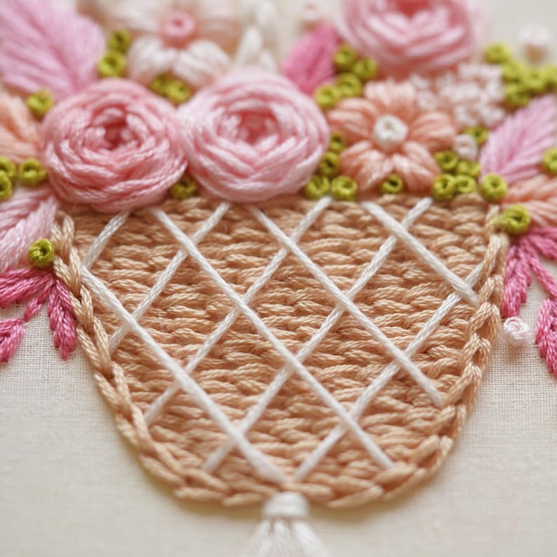 May include: Embroidered floral basket design featuring pink roses, peach-colored flowers, and green accents. The basket is a light peach color with a white crisscross pattern. The embroidery is detailed and textured.