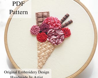 Raspberry Ice Cream Embroidery Pattern: Beginner Hand Stitch Project (PDF Pattern + Video Tutorial)