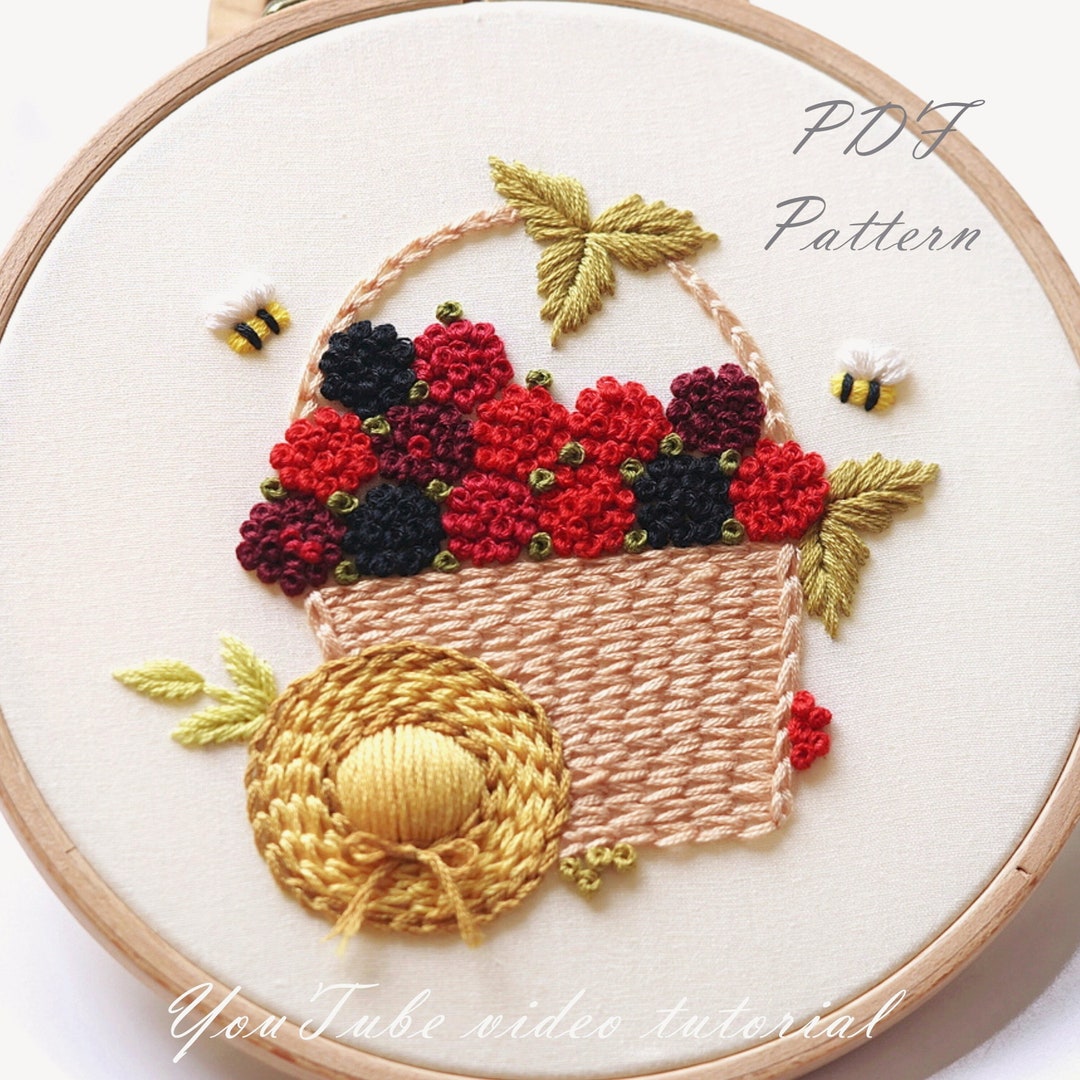 PDF Pattern+ Video Tutorial/raspberry Basket-hand Embroidery Pattern ...