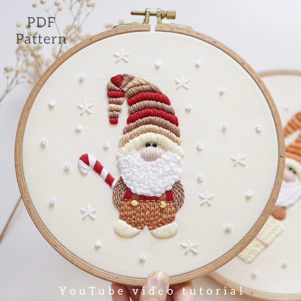 Modèle PDF+ tutoriel vidéo/Gnome en vacances-Motif de broderie-Dessins de broderie de Noël-Motif de broderie débutant