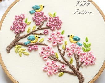 Birds & Cherry Blossoms Hand Embroidery Pattern: Beginner DIY (PDF Pattern + Video Tutorial)