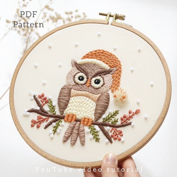 PDF pattern+ video tutorial/Clever owl-Embroidery pattern-Embroidery designs-Beginner embroidery pattern
